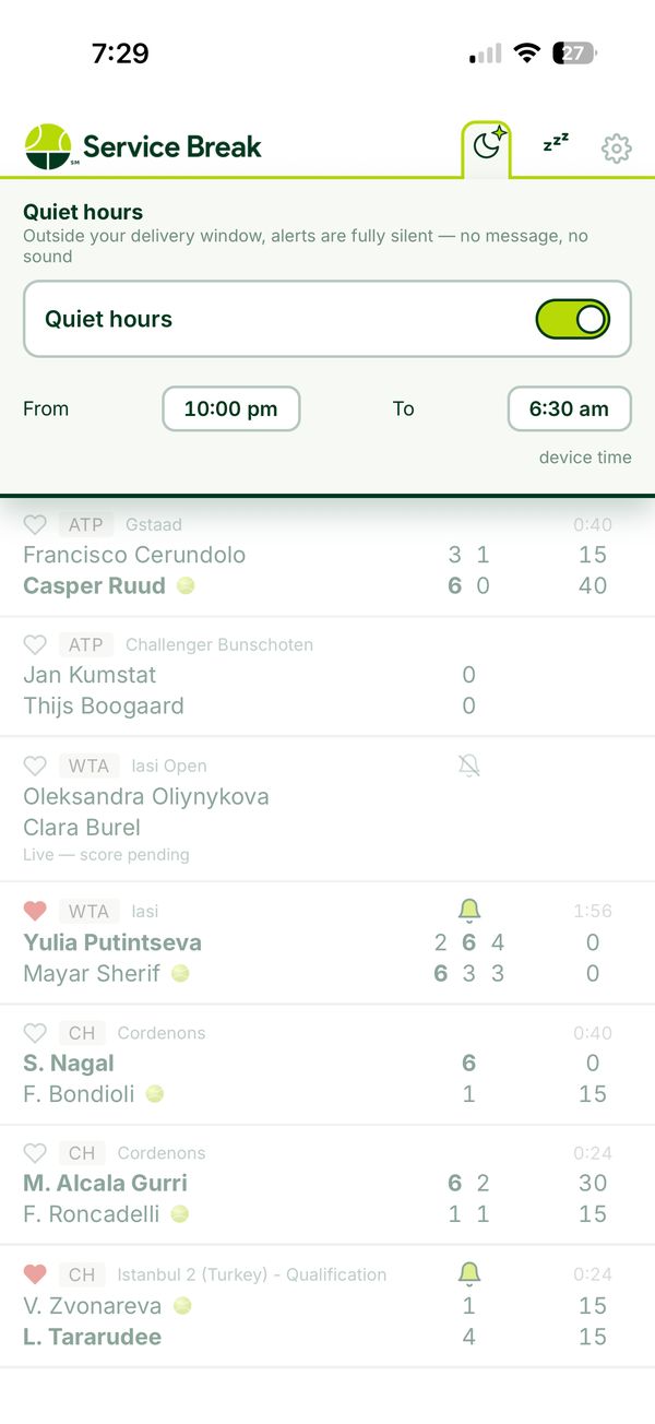 Schedule recurring quiet hours suspending all alerts — Service Break iPhone screenshot