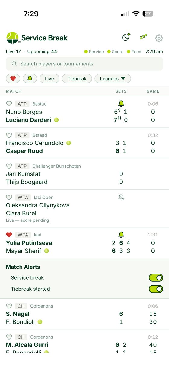 Arm the matches you want to track — Service Break iPhone screenshot